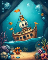 Explore a captivating underwater scene featuring an adorable and cute shipwreck. This charming creation boasts whimsical feat