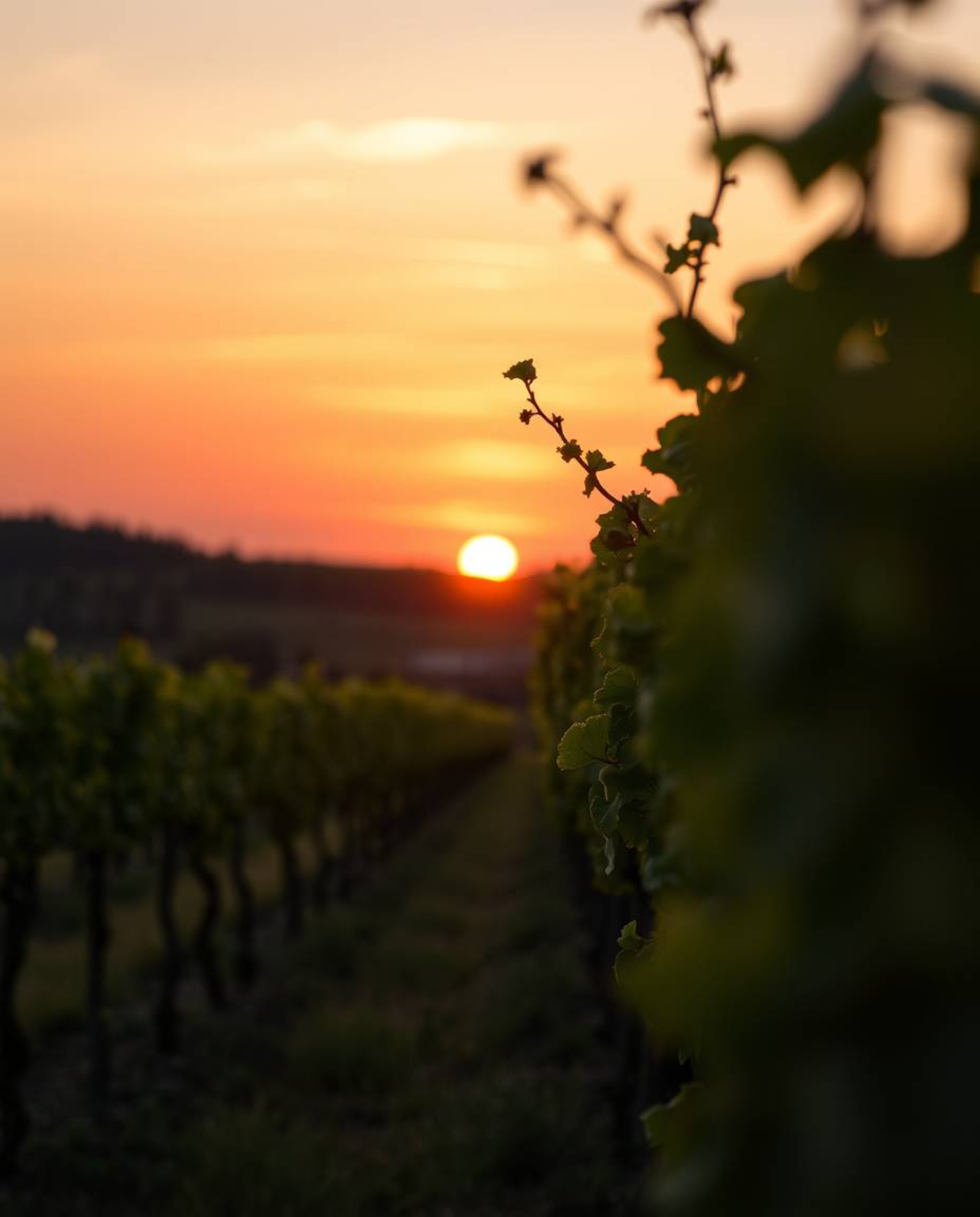 An extreme macro close-up fine art photograph captures a serene sunset over a vineyard. The image is defined by its warm soft