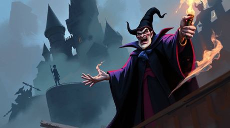 A captivating digital painting showcases a classic Disney villain casting a powerful spell within a misty, atmospheric castle