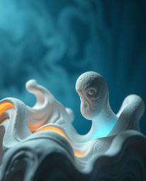 A high-angle perspective showcases sculptural clay art featuring futuristic 3D fluid shapes with glowing edges, set against a