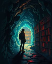 A captivating digital painting showcasing a person's awe-inspiring discovery of a hidden underground library. The scene is ba