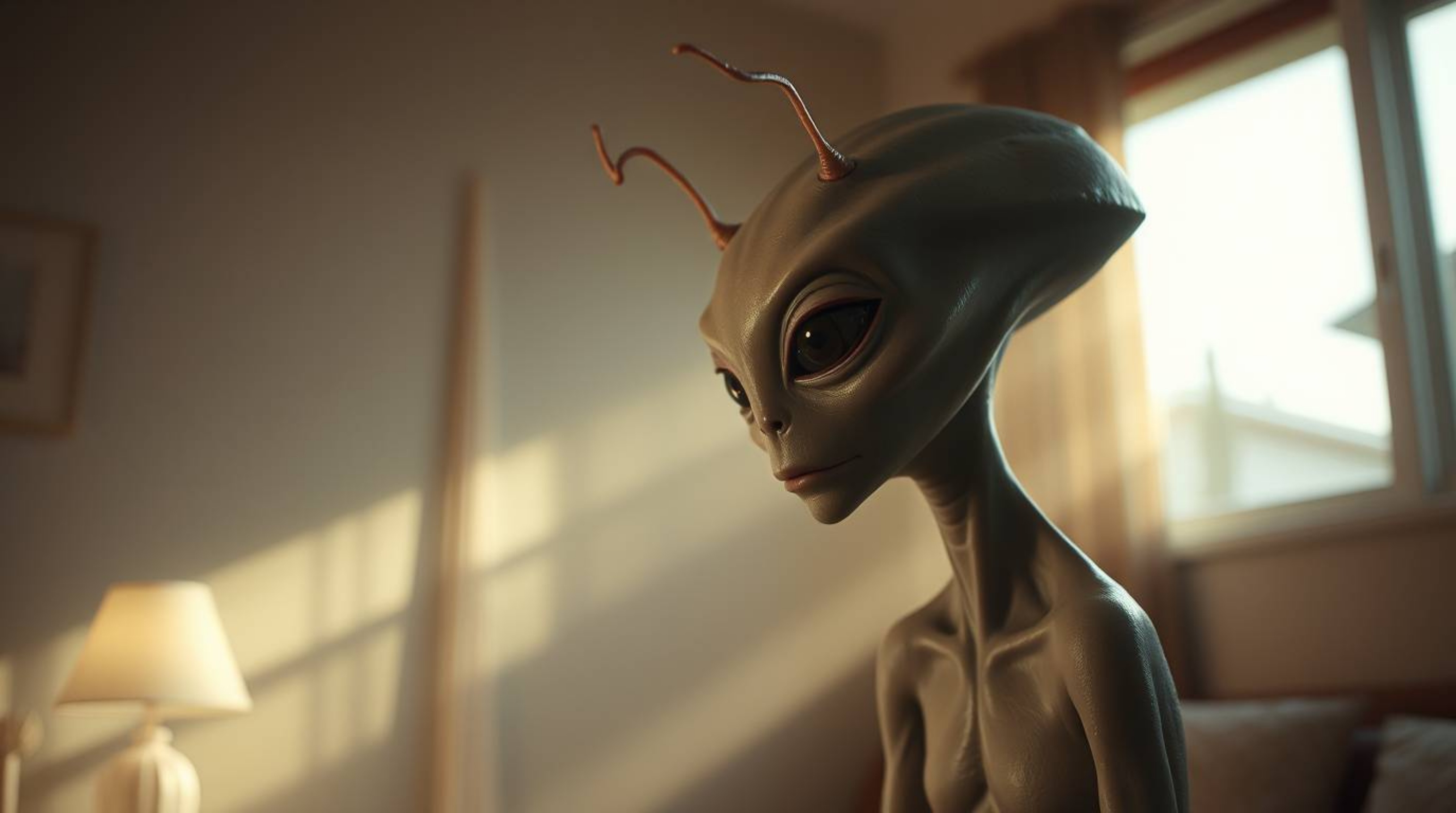 Discover a captivating image of a pale-skinned alien with antennae, residing in a peaceful suburban house.  The scene is bath