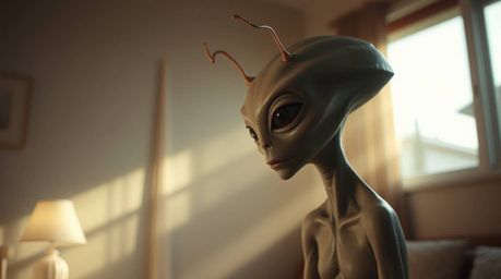 Discover a captivating image of a pale-skinned alien with antennae, residing in a peaceful suburban house.  The scene is bath