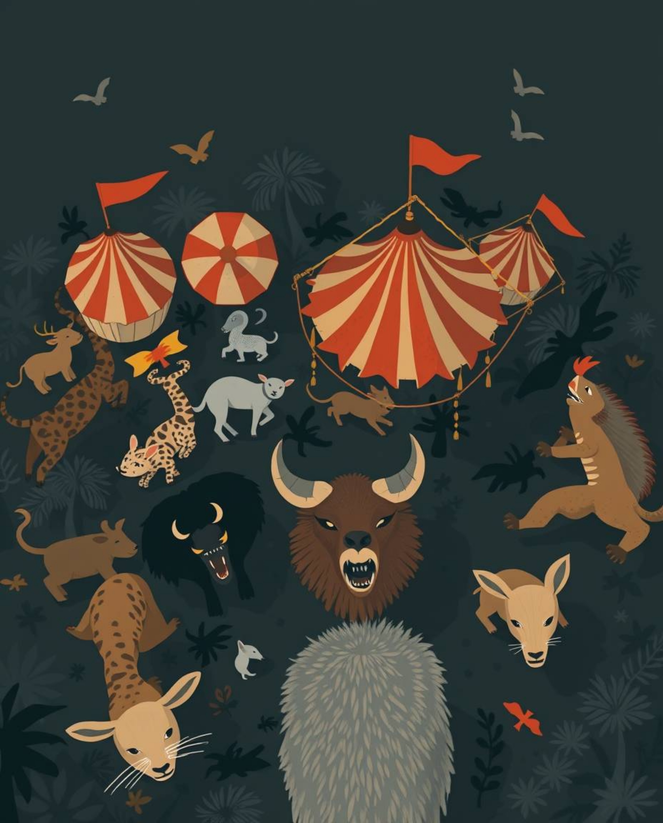 A modern, flat design carnival scene is disrupted by wild animals in this strong, moody illustration. The low contrast and si
