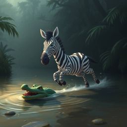 A moody style painting depicts a 3D cartoon zebra with striking black and white stripes in a thrilling escape from a playful 