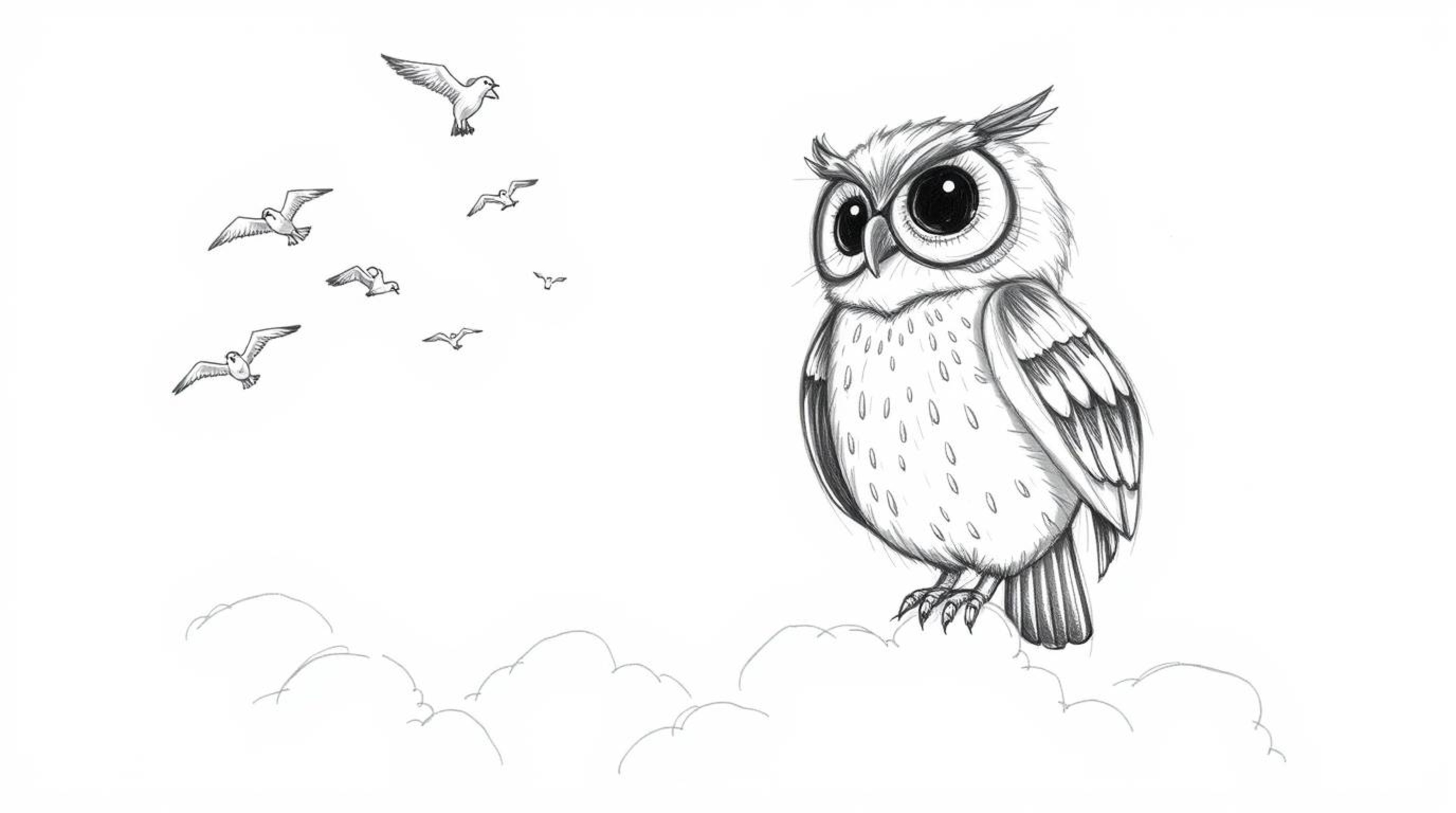 A heartwarming, hand-drawn sketch reminiscent of Pixar, showcasing a blind owl with delicate, feathery textures guiding a flo