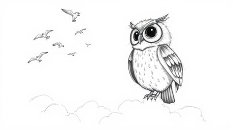 A heartwarming, hand-drawn sketch reminiscent of Pixar, showcasing a blind owl with delicate, feathery textures guiding a flo