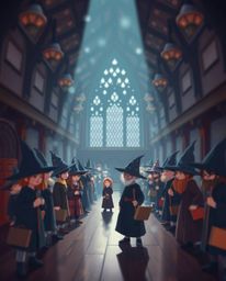 Explore a modern reimagining of a magical school, teeming with young wizards rendered in a clean, flat design. Intense dramat