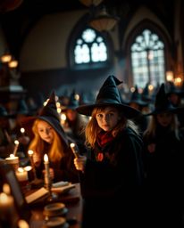 Discover a captivating image of a magical school brimming with young wizards.  The photo features a stunning blurred bokeh ef