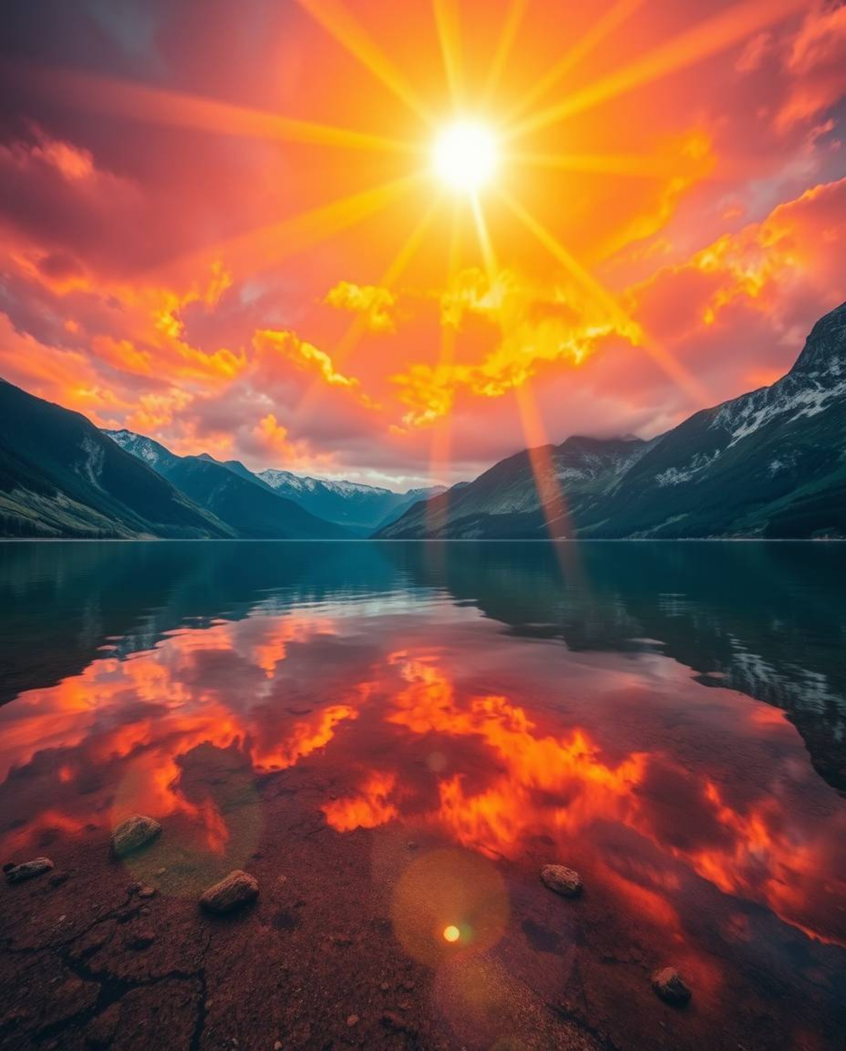 A stunning visual of vibrant complementary colors highlighted by a bright lens flare. This image captures the breathtaking re