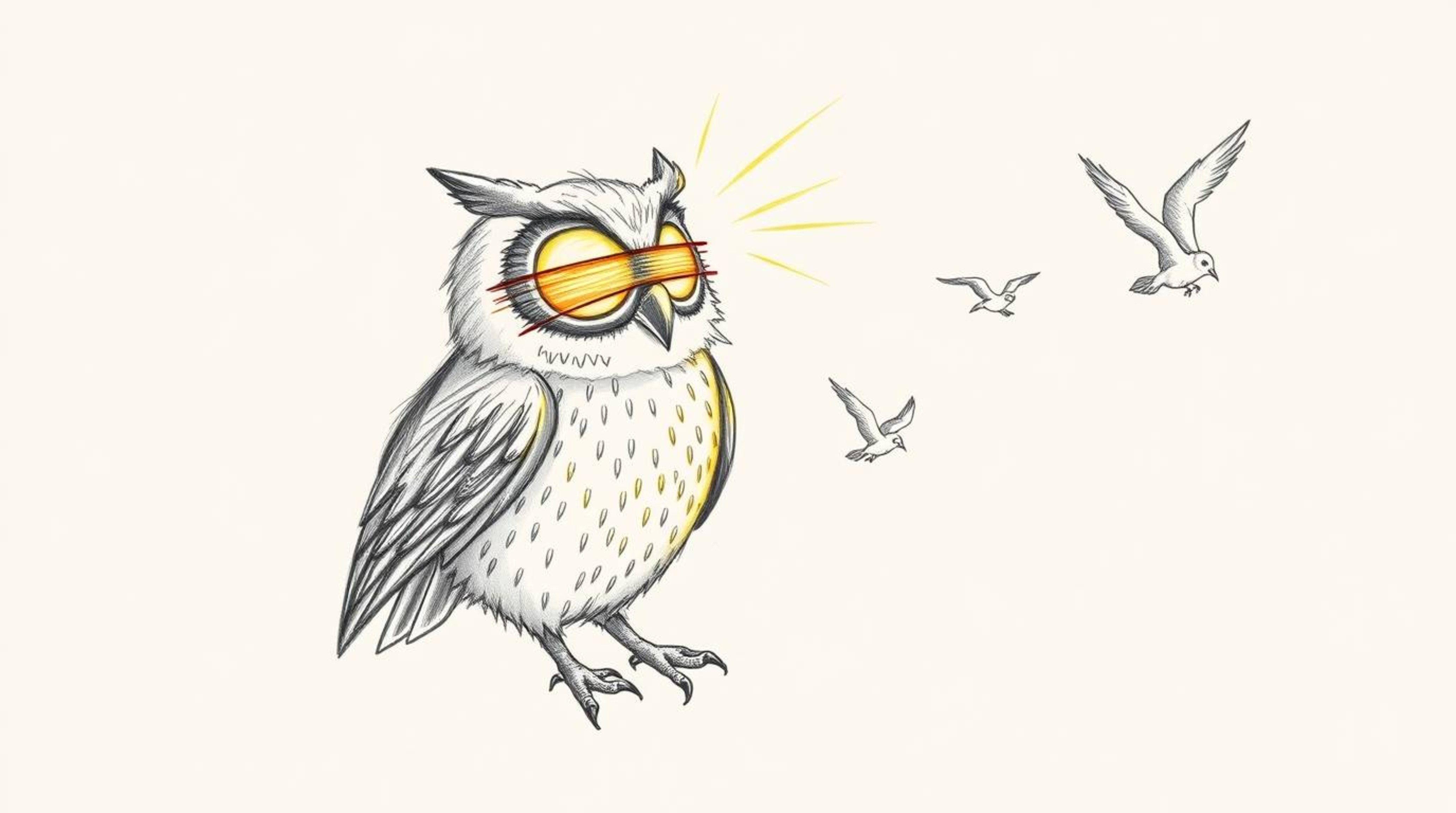 Experience a whimsical and playful scene featuring a blind owl with sunlit glowing feathers teaching birds to fly. This hand-