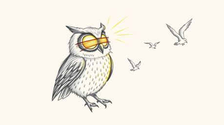 Experience a whimsical and playful scene featuring a blind owl with sunlit glowing feathers teaching birds to fly. This hand-