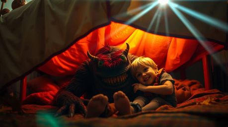 A heartwarming photograph captures an unlikely friendship between a child and a friendly monster hiding under the bed.  The i
