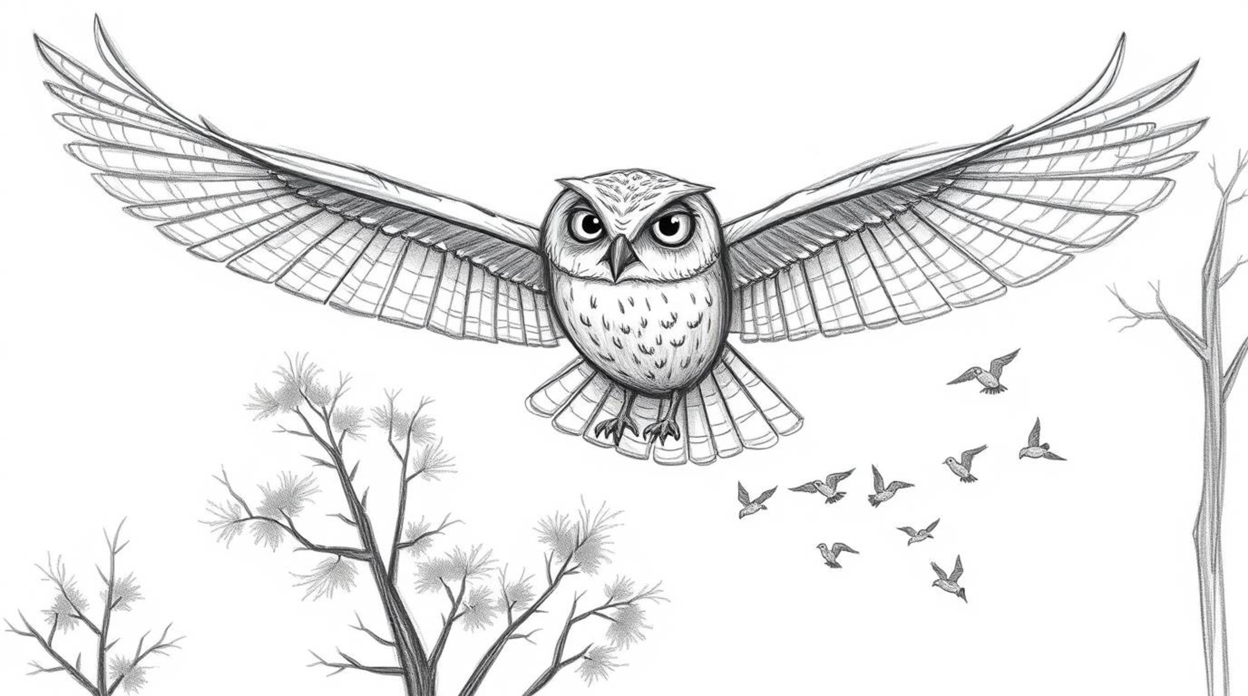 A captivating hand-drawn sketch of a blind owl, beautifully rendered in a textured pencil style inspired by Pixar animation. 