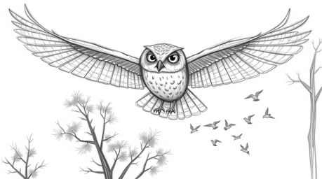 A captivating hand-drawn sketch of a blind owl, beautifully rendered in a textured pencil style inspired by Pixar animation. 