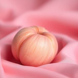 A captivating close-up image of a soft, blushing pink peach resting on silky pastel pink fabric evokes an ethereal and spirit