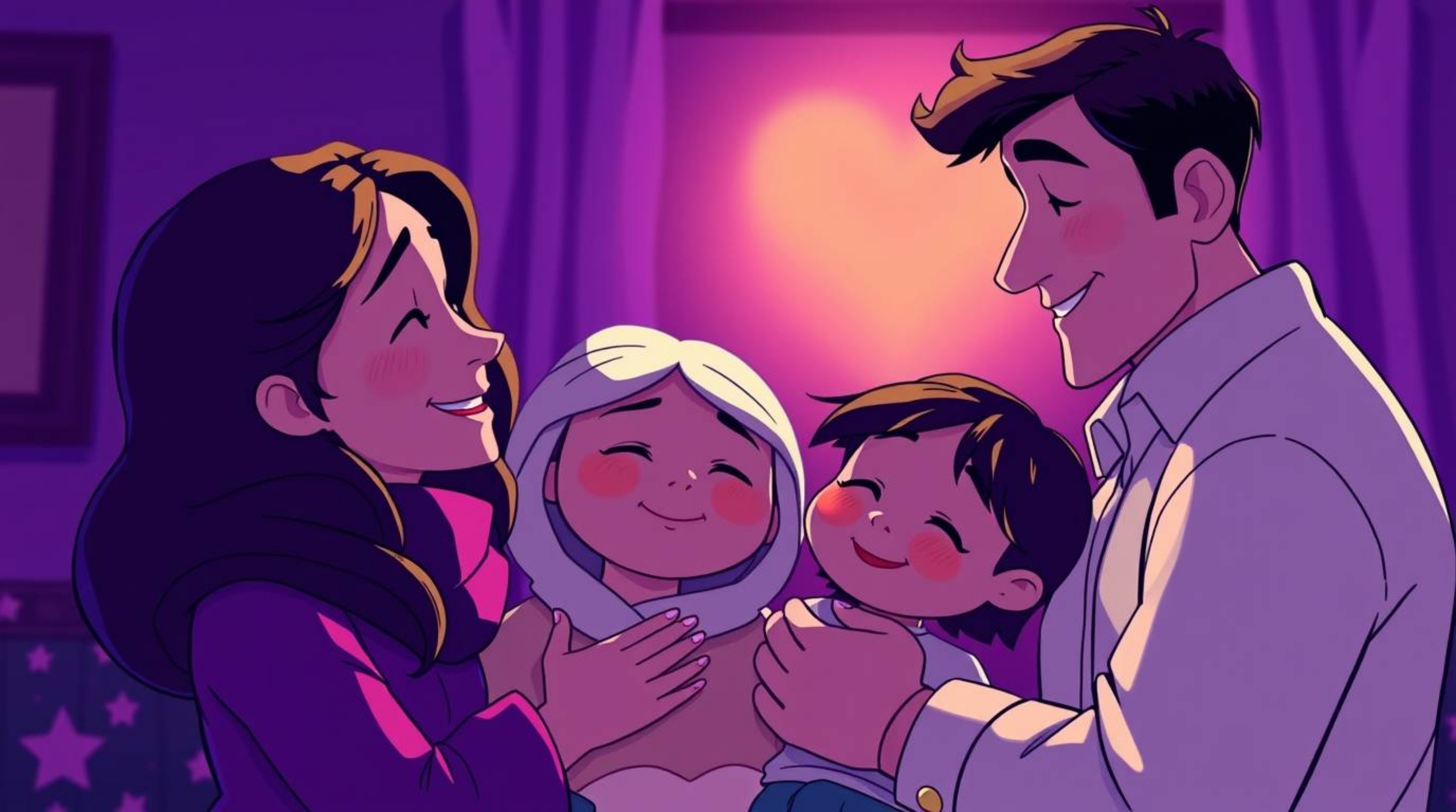 Experience a deeply moving family reunion depicted in a vibrant Pixar-style illustration. Dominated by deep ultraviolet hues,