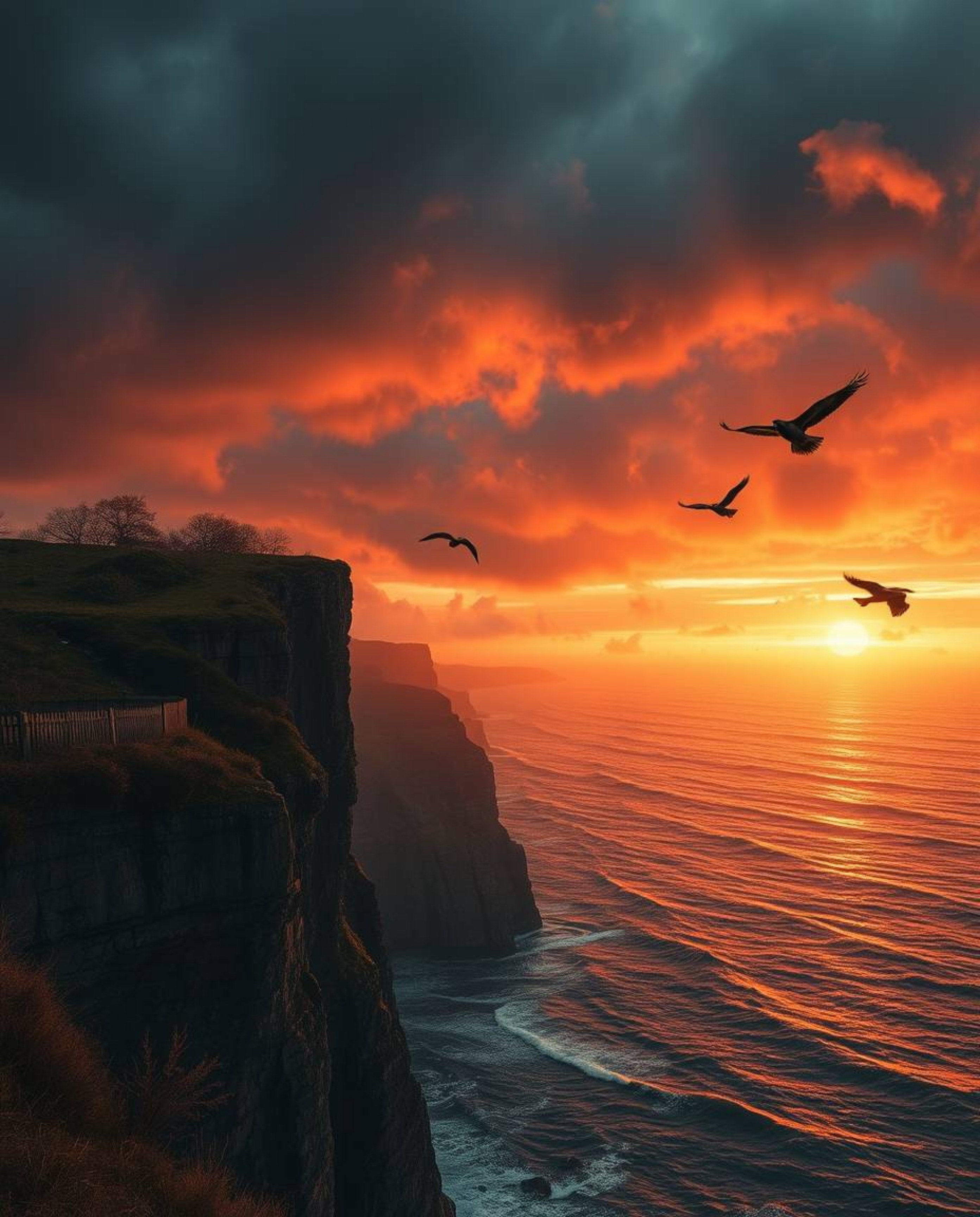 This image captures an intense and dramatic sunset over a coastal cliff, set against stormy skies that create a feeling of hi