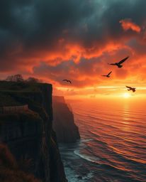 This image captures an intense and dramatic sunset over a coastal cliff, set against stormy skies that create a feeling of hi