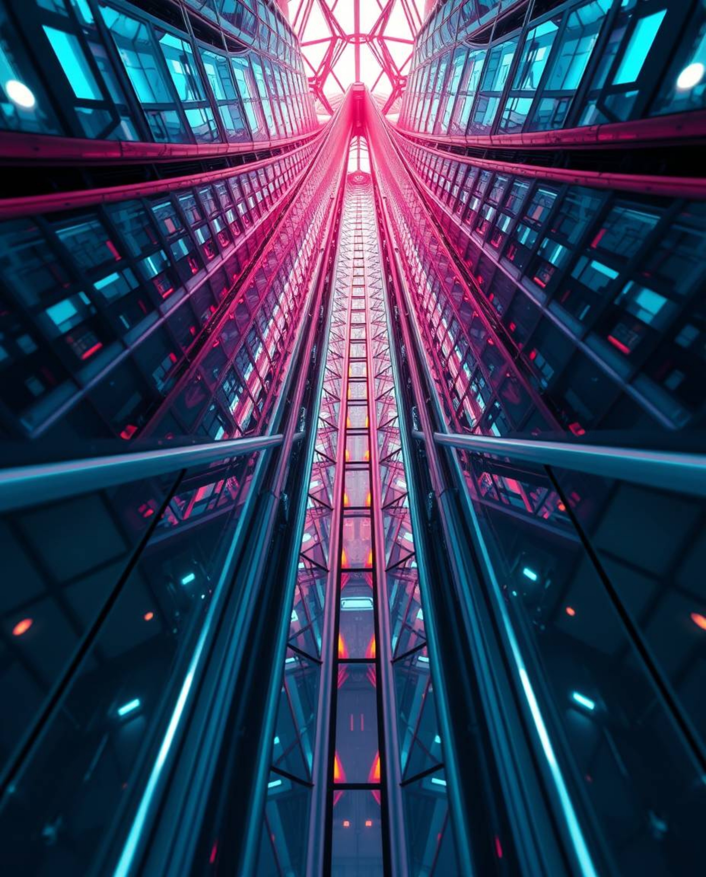 Precise architectural color photography from a low angle showcases a futuristic digital interface, emphasizing geometric patt
