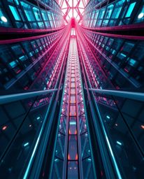 Precise architectural color photography from a low angle showcases a futuristic digital interface, emphasizing geometric patt