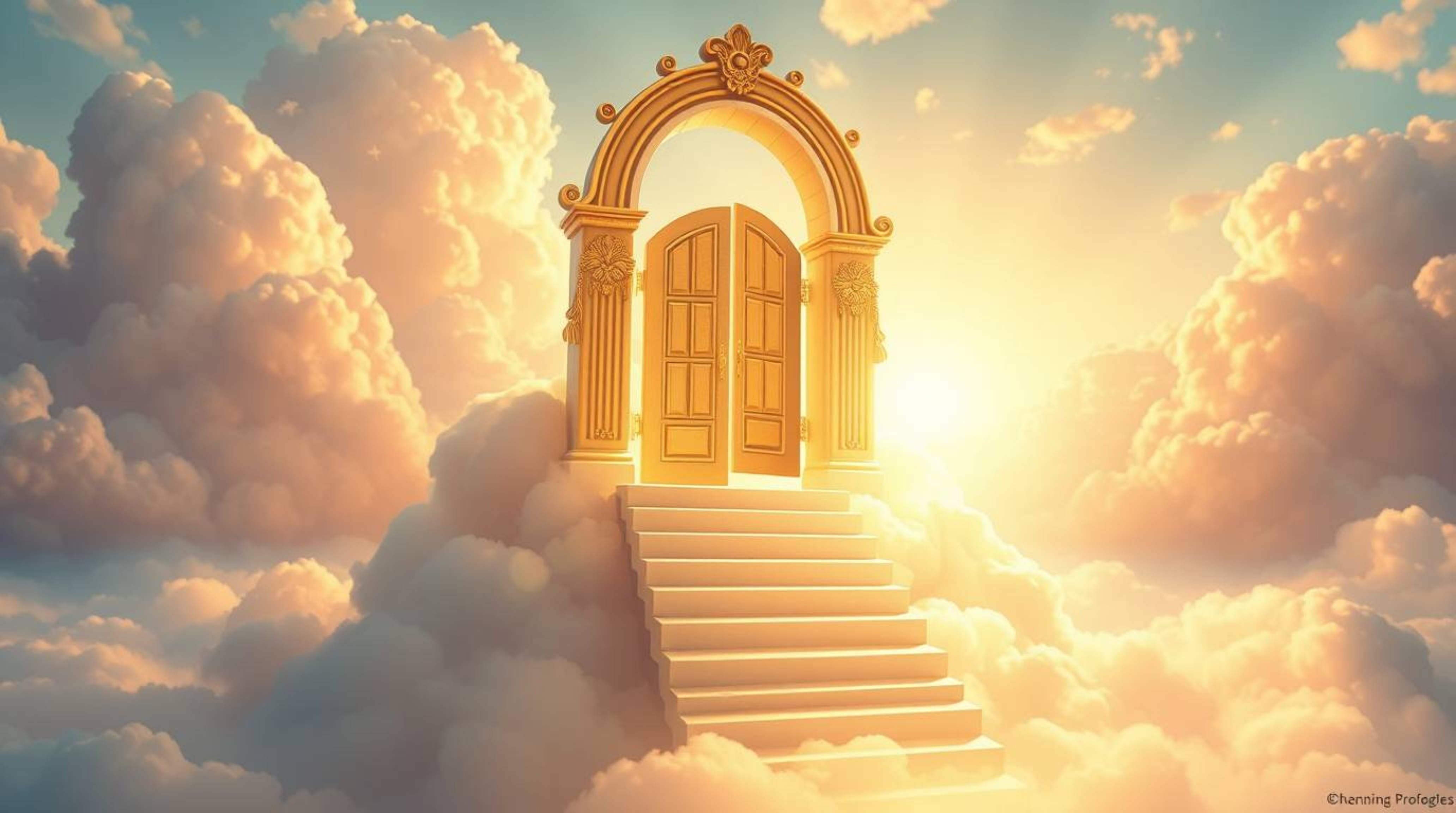 A charming, adorable heavenly gate floats above fluffy clouds, with stairs leading upwards and golden light spilling onto the