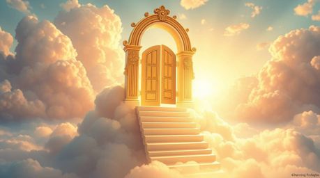 A charming, adorable heavenly gate floats above fluffy clouds, with stairs leading upwards and golden light spilling onto the