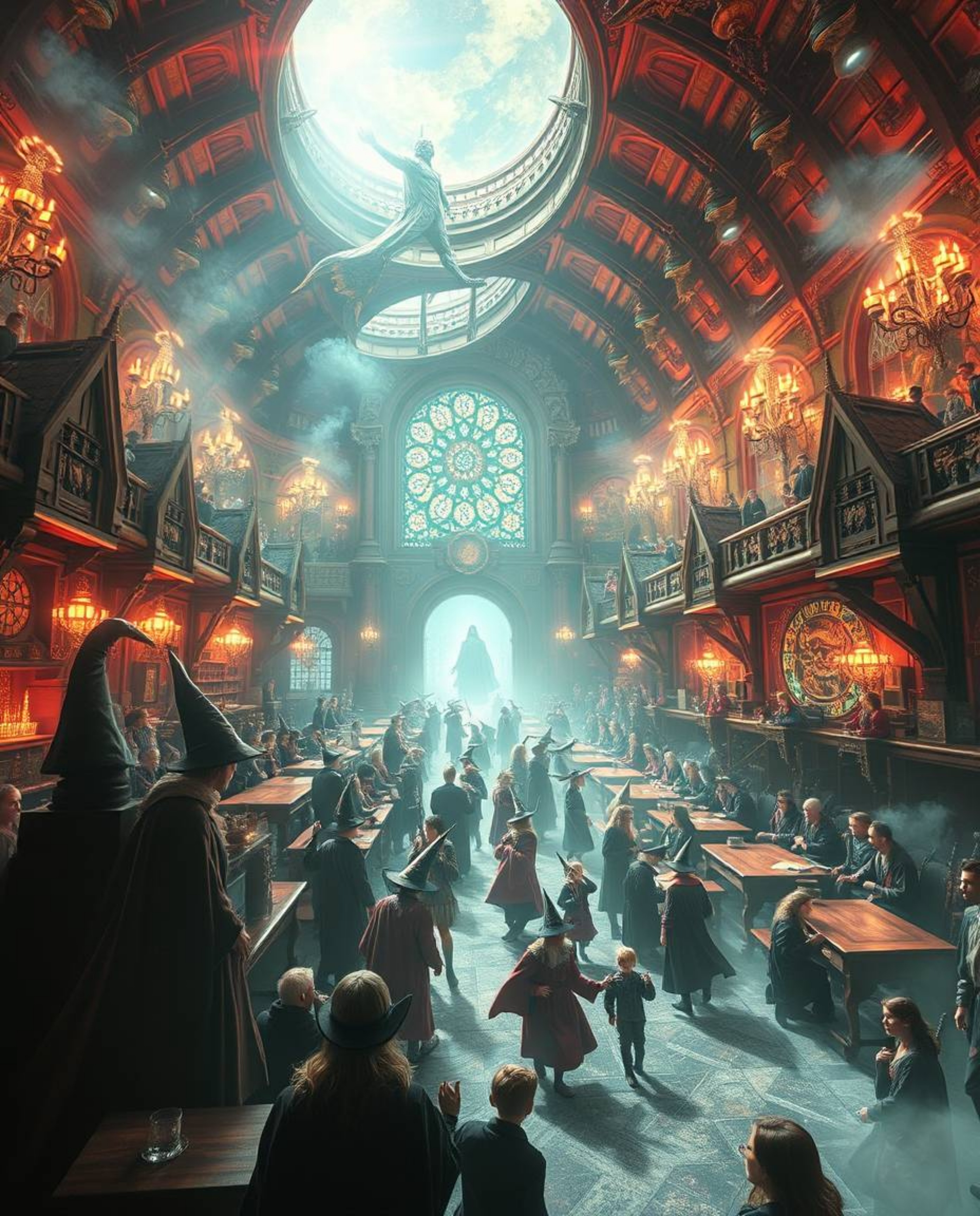 Explore a grand, epic scene featuring a magical school overflowing with young wizards, fantastical elements, and bizarre scen