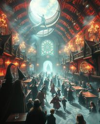 Explore a grand, epic scene featuring a magical school overflowing with young wizards, fantastical elements, and bizarre scen