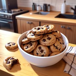 A tempting image of a bowl filled with freshly baked homemade chocolate chip cookies, resting on a rustic wooden kitchen coun