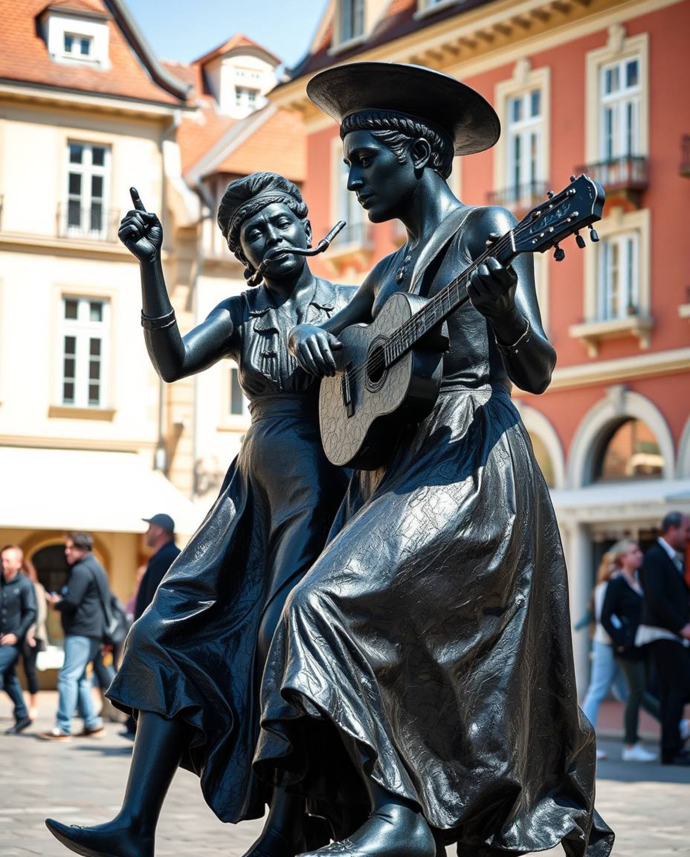 This cast bronze sculpture captures the vibrant energy of a musical number unfolding in a bright town square. The intense jet