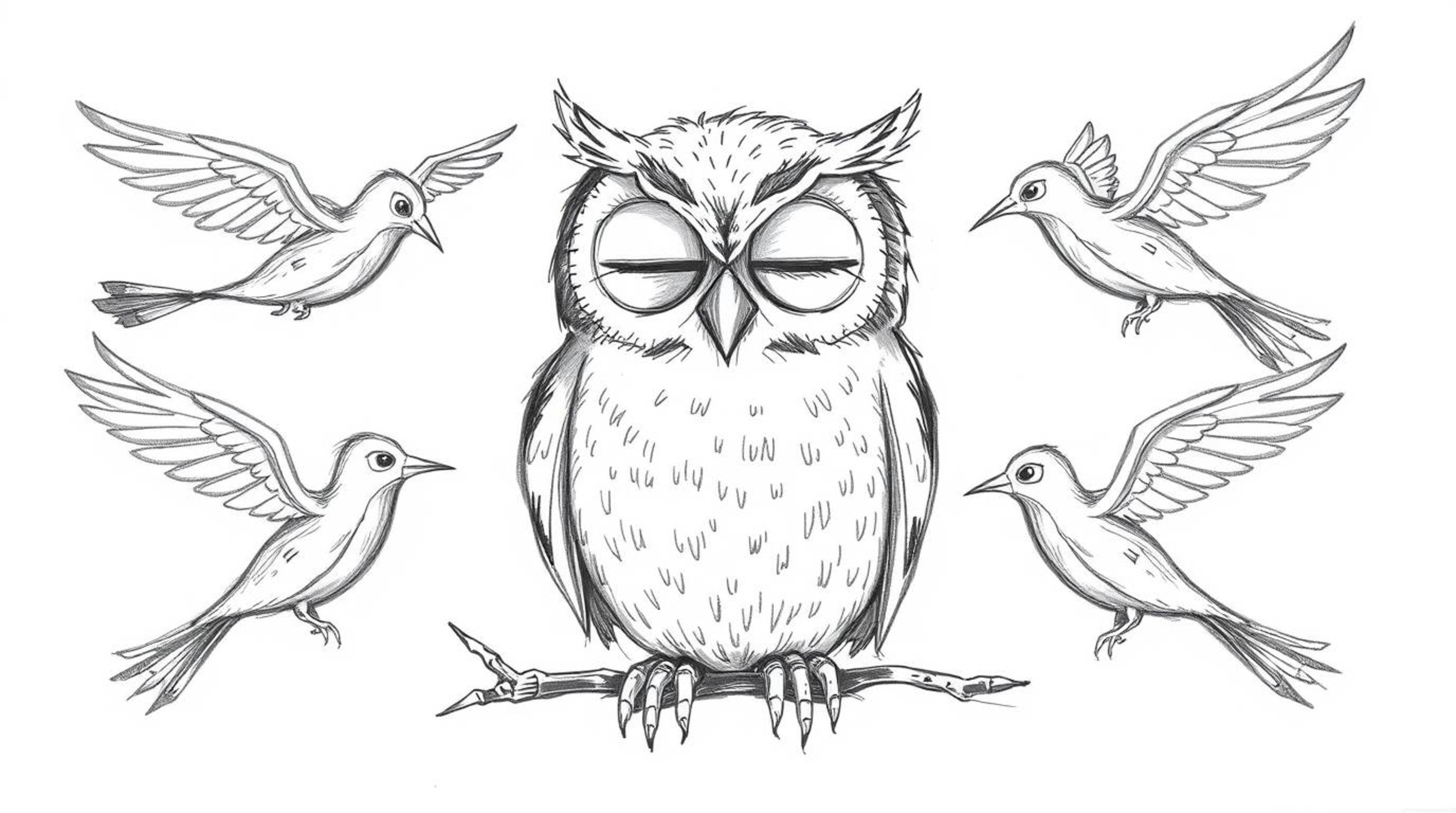 A heartwarming scene unfolds in a hand-drawn sketch, showcasing a blind owl rendered in a charming Pixar-esque style, its lar