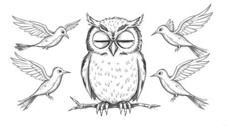 A heartwarming scene unfolds in a hand-drawn sketch, showcasing a blind owl rendered in a charming Pixar-esque style, its lar