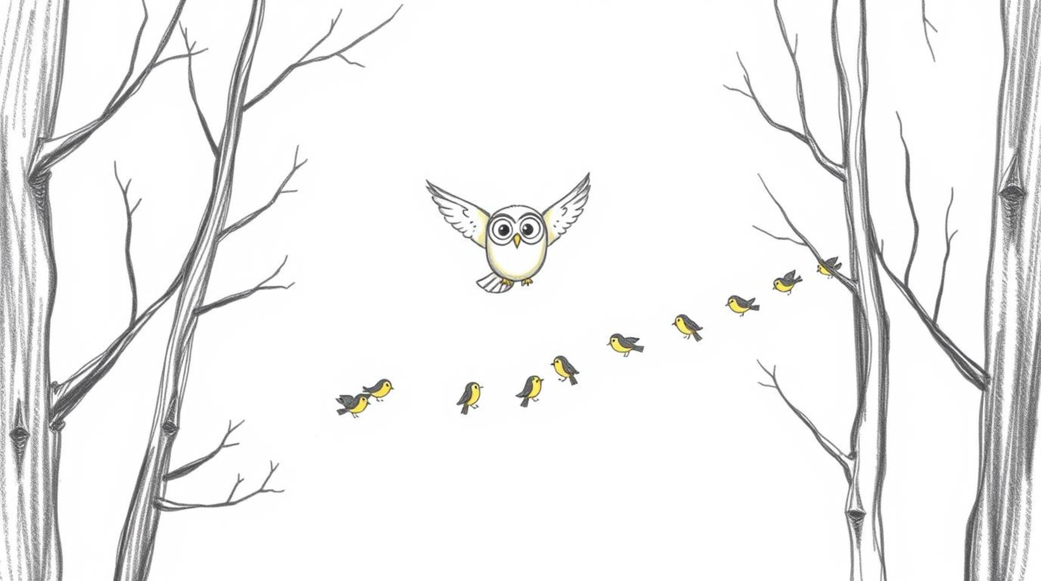 A whimsical hand-drawn sketch in the style of Pixar depicts a blind owl gracefully gliding between trees, imparting the skill