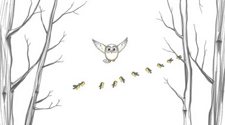 A whimsical hand-drawn sketch in the style of Pixar depicts a blind owl gracefully gliding between trees, imparting the skill