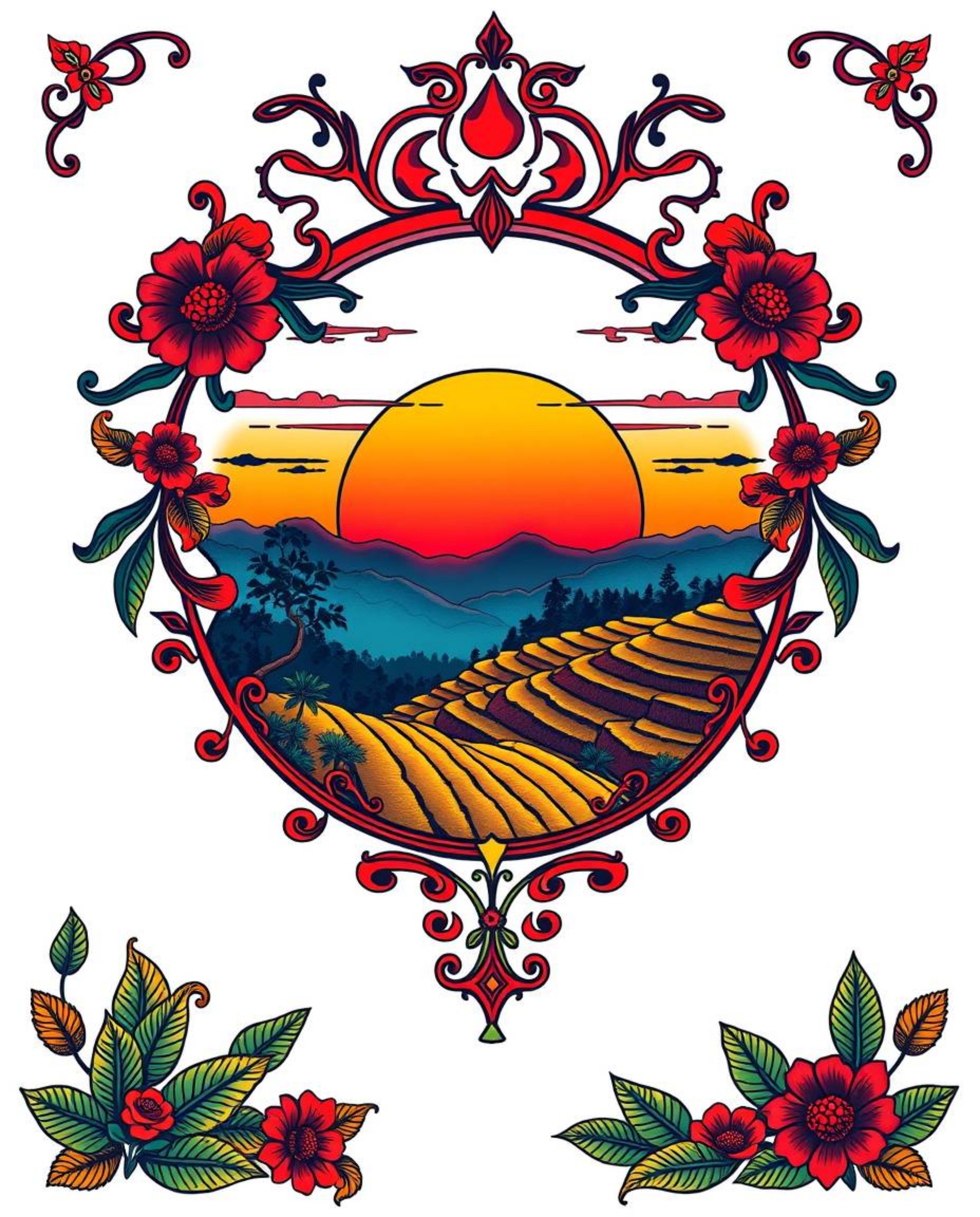 A vibrant, symbolic traditional tattoo art print of a sunset over terraced tea plantations. The piece features a complex orna