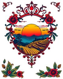 A vibrant, symbolic traditional tattoo art print of a sunset over terraced tea plantations. The piece features a complex orna