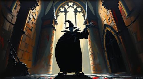 A dramatic, low-angle oil painting depicts a silhouetted classic Disney villain casting a spell within an ancient castle. Th