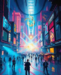 A bold acrylic painting depicts a grand, epic musical number set in a bright, futuristic town square.  The artwork showcases 