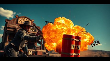 This high-resolution stock photo captures a classic exploding TNT gag in the wild west setting. Showcasing refined features a