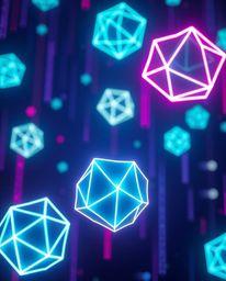 Explore this high-resolution stock photo showcasing glowing bioluminescent, glitched geometric shapes gracefully floating in 