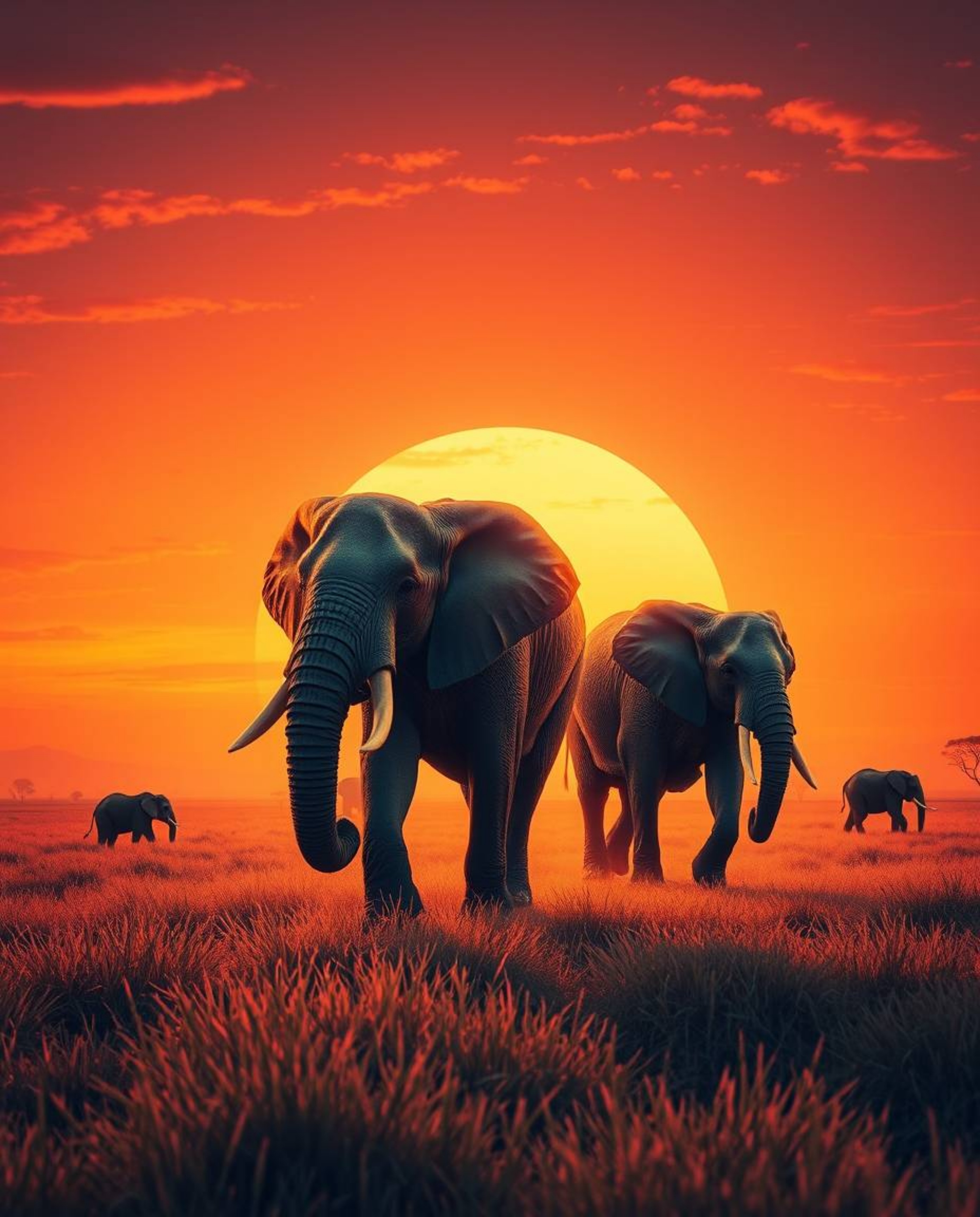 A grand epic scene of creative light art depicting elephants walking across a sunset field, illuminated by an epic lens glow,