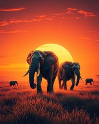 A grand epic scene of creative light art depicting elephants walking across a sunset field, illuminated by an epic lens glow,