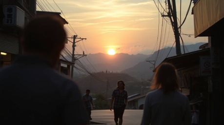 A captivating street photograph captures the ethereal and spiritual essence of a sunset over mountainous rice terraces. Urban