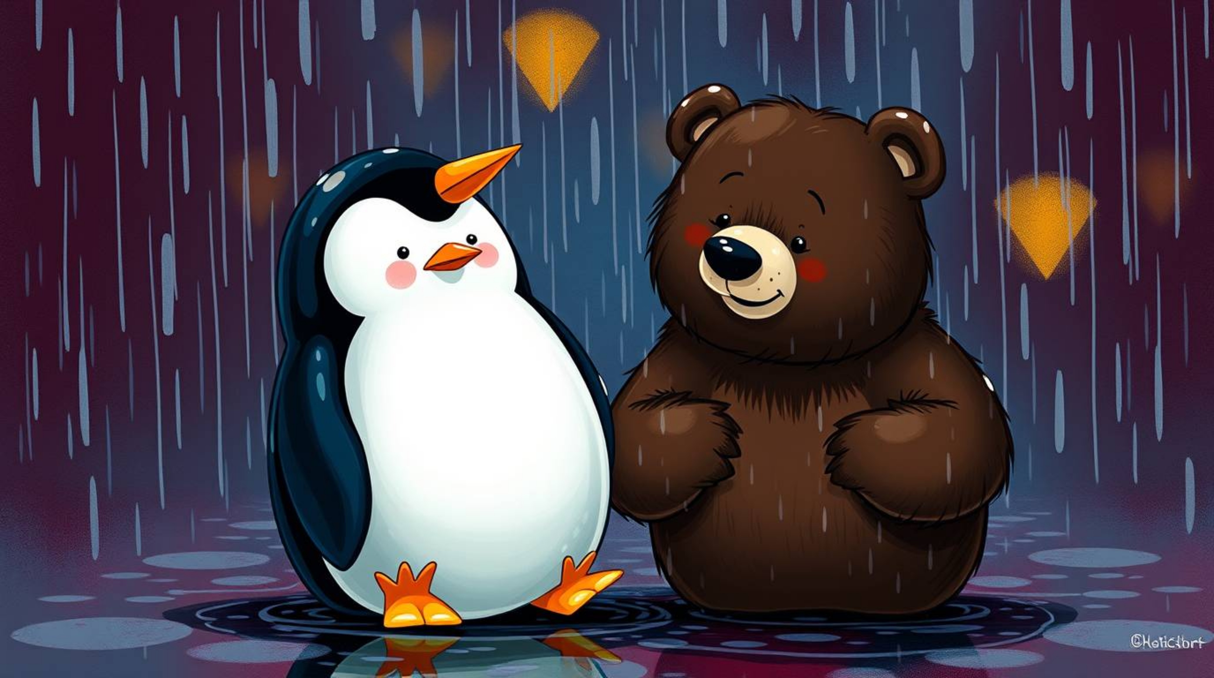 A charming scene unfolds featuring a mischievous duo of talking animals: a bear and a penguin. Set against a backdrop of rain