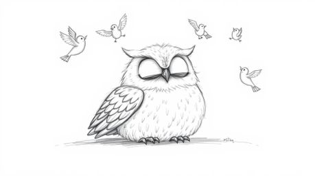 A heartwarming, hand-drawn Pixar-style sketch portrays a blind owl, his feathery textures lovingly rendered with rough pencil
