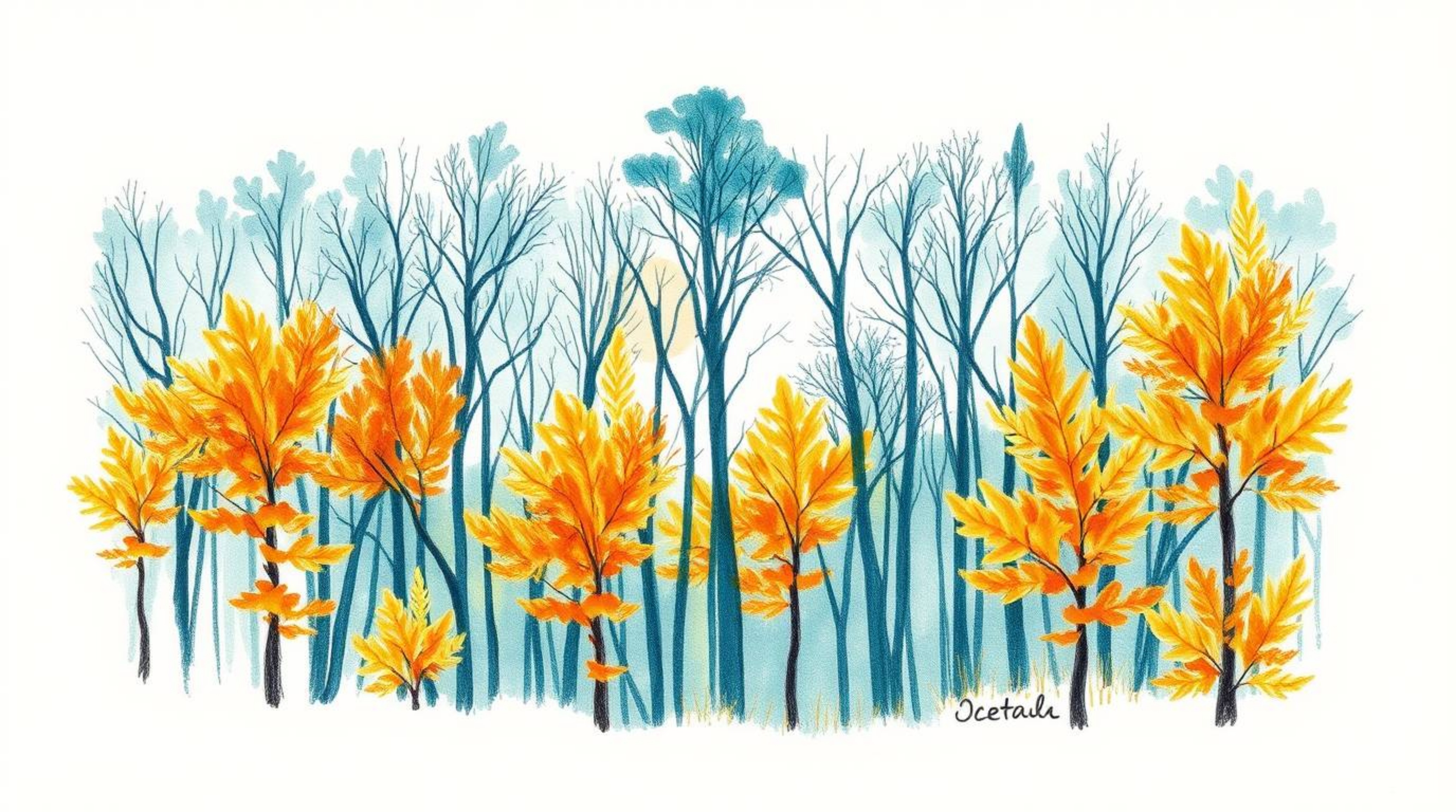 Explore a luxurious and vibrant hand-drawn sketch in rich, deep teal, depicting an autumn forest bathed in the golden hues of