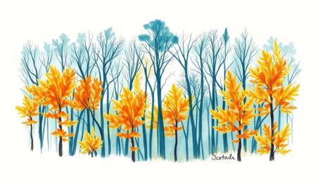 Explore a luxurious and vibrant hand-drawn sketch in rich, deep teal, depicting an autumn forest bathed in the golden hues of