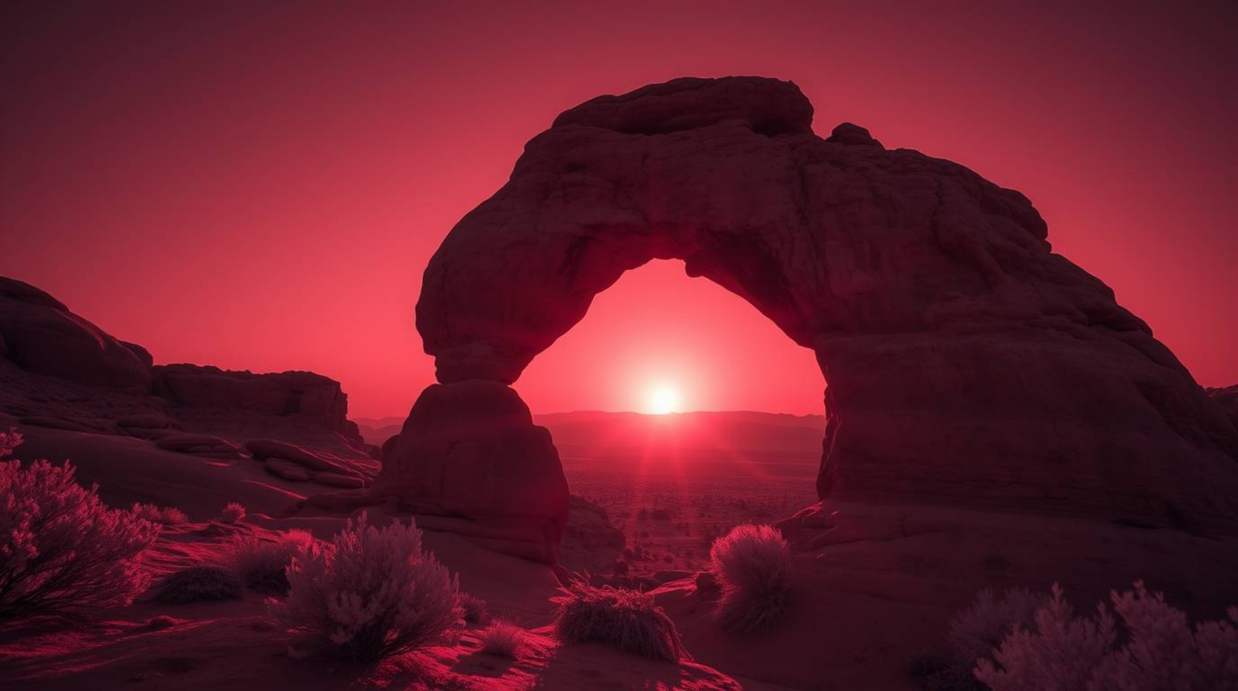 A captivating surreal image captures a vibrant sunset through a natural rock arch in the desert.  Rendered in infrared tones 