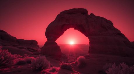 A captivating surreal image captures a vibrant sunset through a natural rock arch in the desert.  Rendered in infrared tones 
